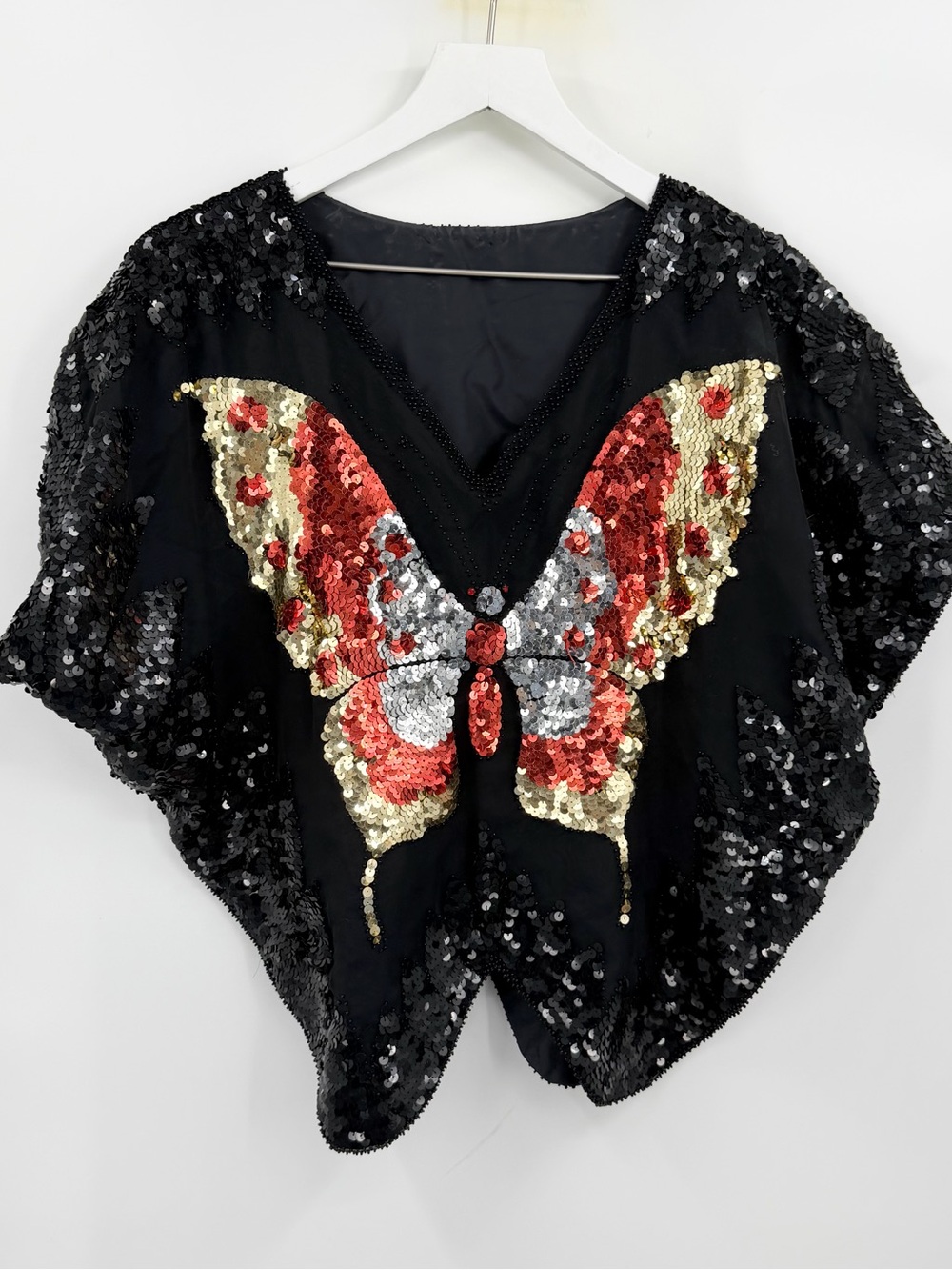 Vintage 70s Unbranded Sequin Butterfly Pullover Top 100% Silk Vneck Blk Size Med